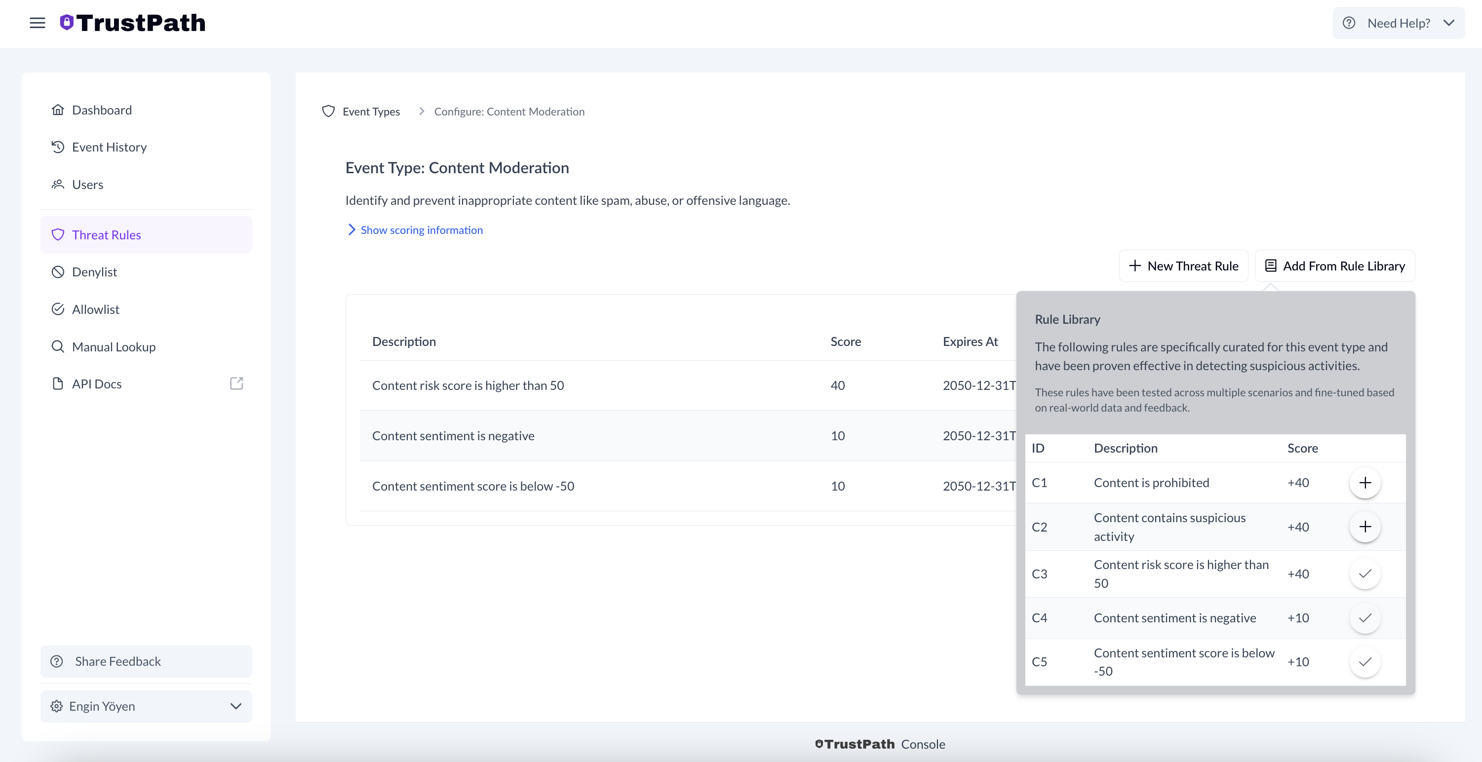 TrustPath.io Content Moderation Threat Rules